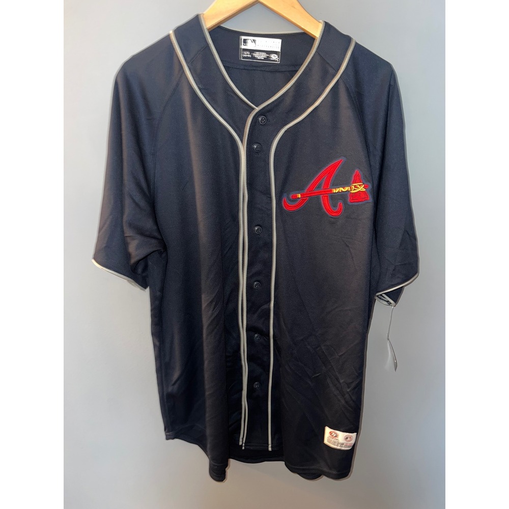 True Fan Atlanta Braves MLB Baseball Jersey Navy Blue Button Front Large NWT